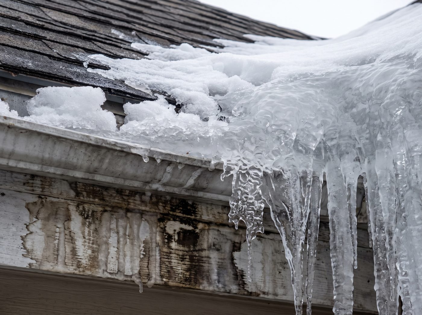 A thick ice dam and icicles formed along a roof gutter edge with water staining on the fascia