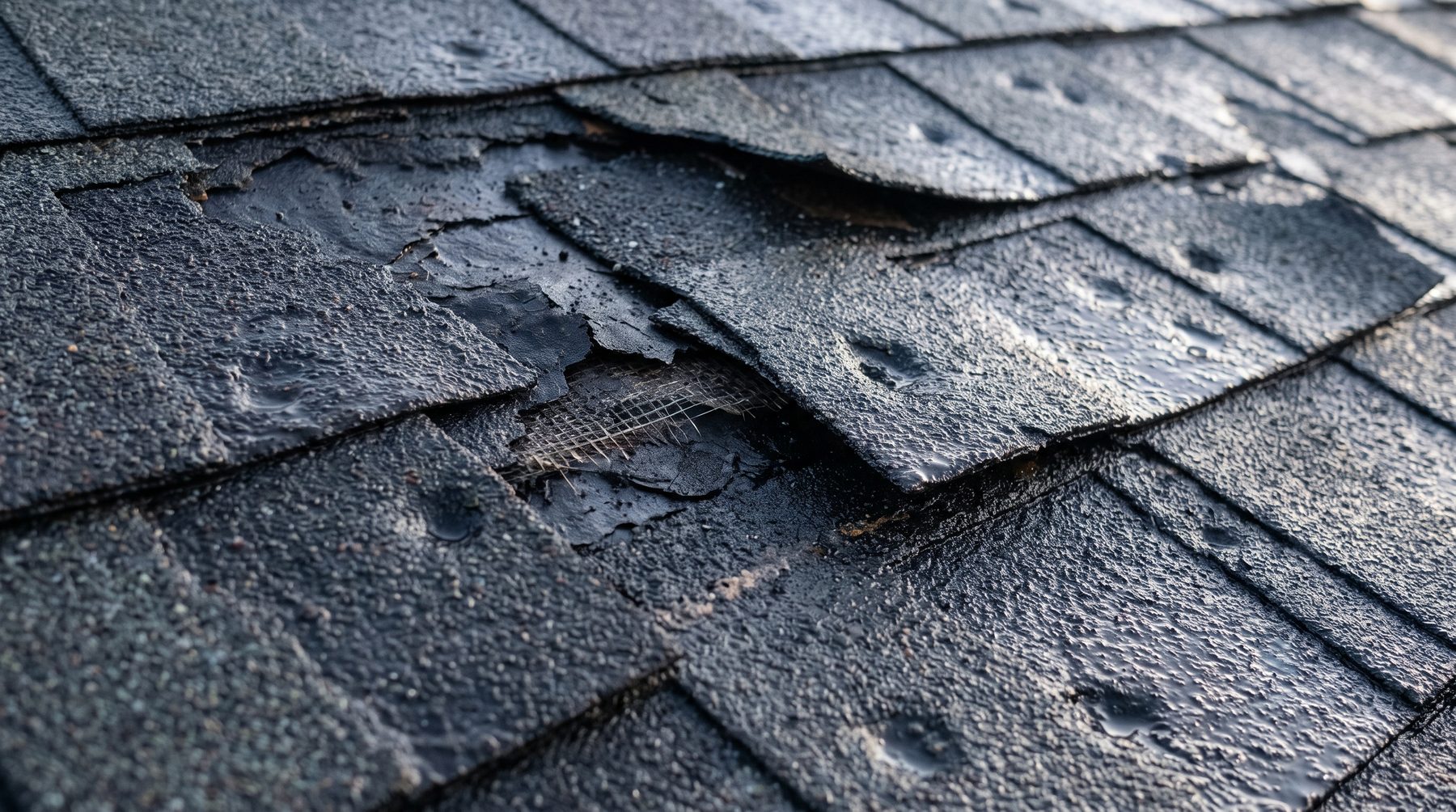 Close detail of storm-damaged asphalt shingles with granule loss and lifted, cracked tabs